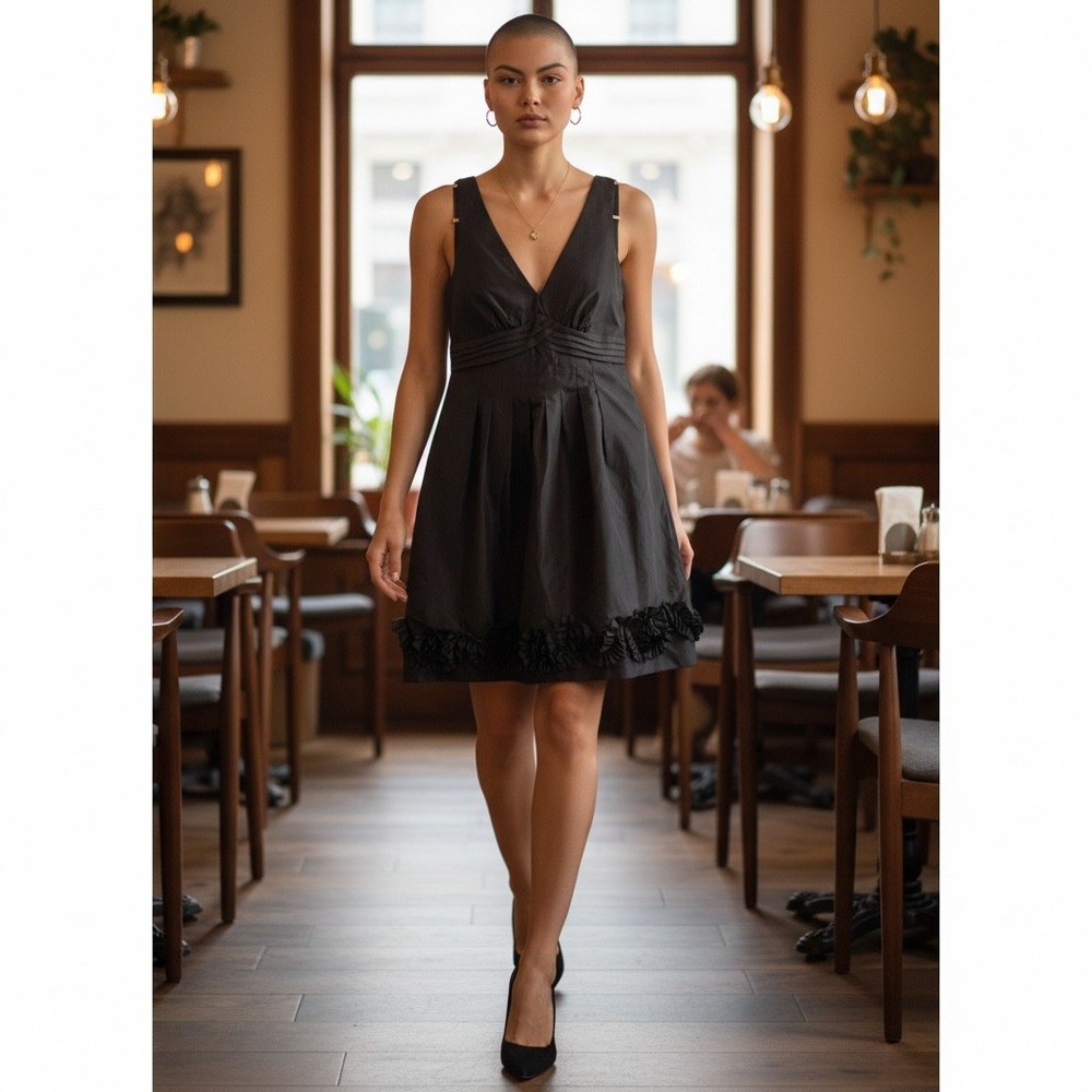 Dressbarn Collection Black V-Neck Pleated Empire Waist Ruffle Cocktail Dress 6